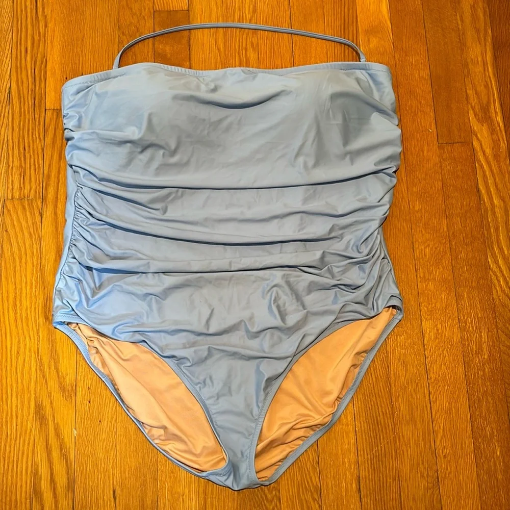 Reimagined by J Crew ruched bandeau one piece bathing suit in Pale Seascape
